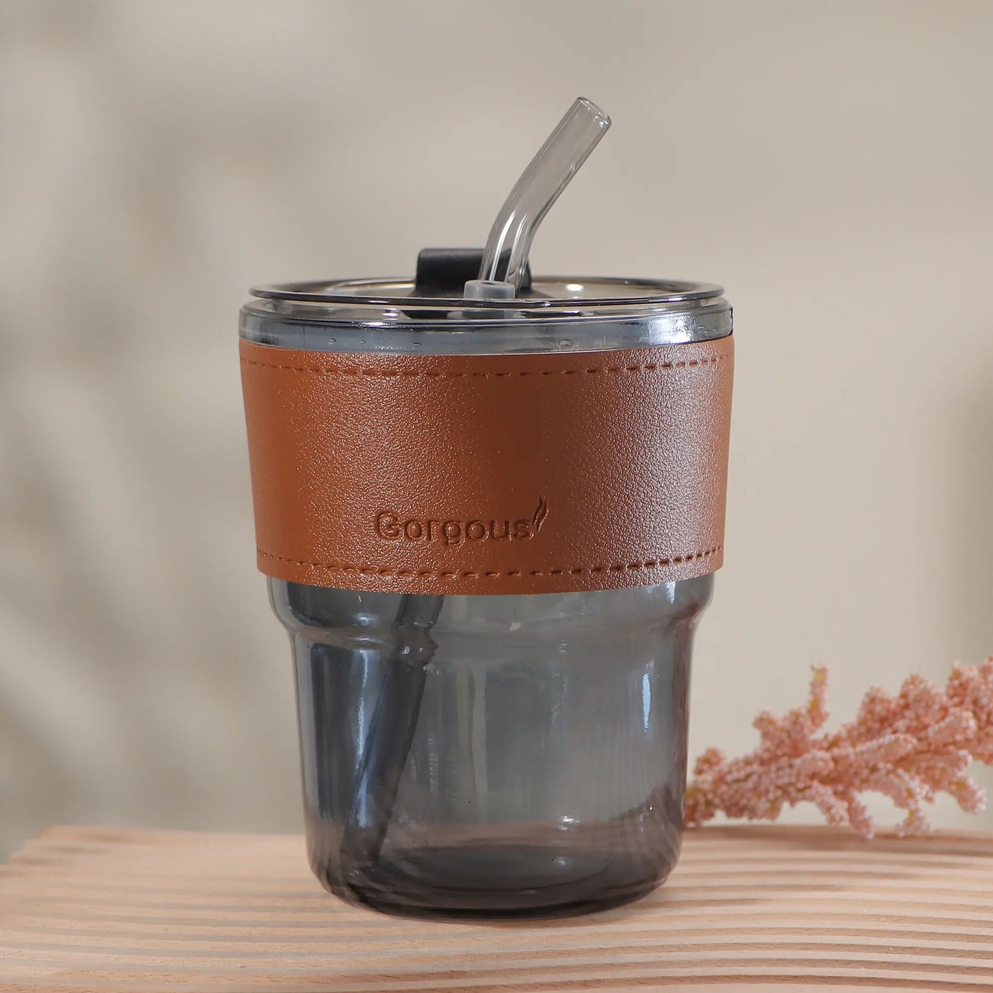 400ml Nola Glass Cup Cold Drink Cup with Leather Handle for Daily Use