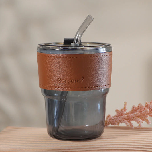 400ml Nola Glass Cup Cold Drink Cup with Leather Handle for Daily Use