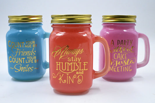 Nola Color Glass Mason with Metal Lid & Coloured Straw Glass Mason Jar  (450 ml, Pack of 3)