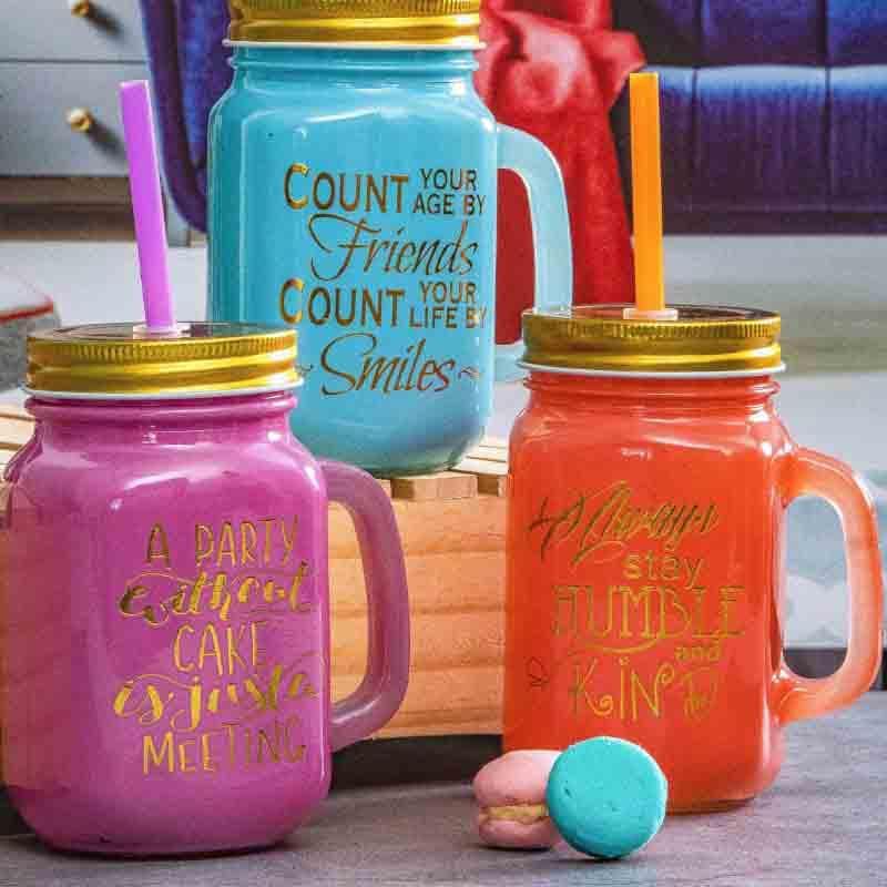 Nola Color Glass Mason with Metal Lid & Coloured Straw Glass Mason Jar (450 ml, Pack of 3)