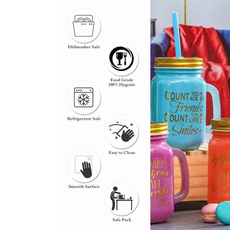 Nola Color Glass Mason with Metal Lid & Coloured Straw Glass Mason Jar (450 ml, Pack of 3)