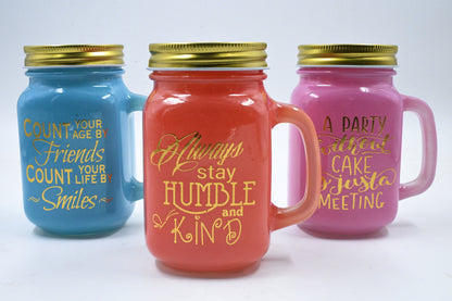 Nola Color Glass Mason with Metal Lid & Coloured Straw Glass Mason Jar  (450 ml, Pack of 3)