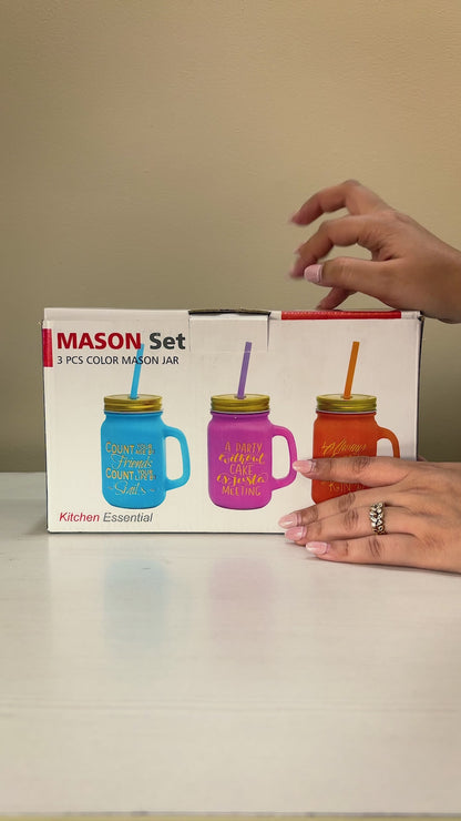 Nola Color Glass Mason with Metal Lid & Coloured Straw Glass Mason Jar  (450 ml, Pack of 3)
